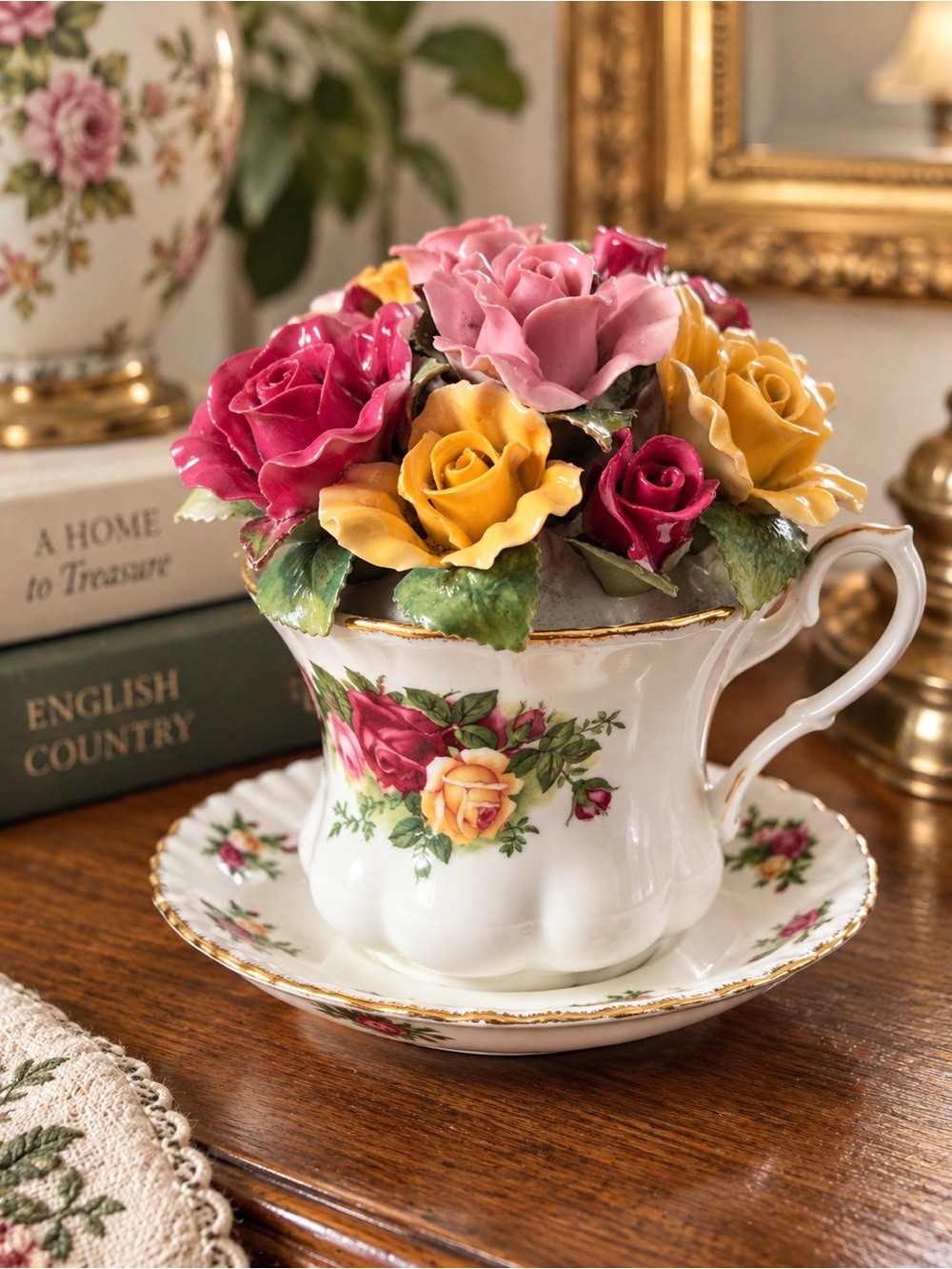 Royal Albert Porcelain Teacup with Pink, Yellow, Red Rose Bouquet